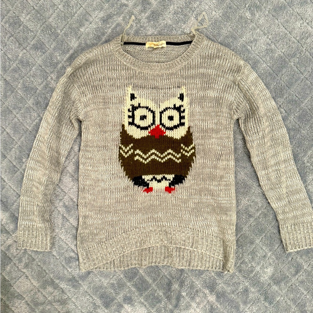 Rewind Women's XS Owl Gray Knit Sweater, Fuzzy Knit Crewneck Pullover